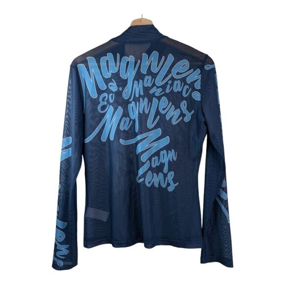Magnlens navy blue sheer mesh cursive print mock neck top size L  Nwot ECHO - Picture 3 of 6